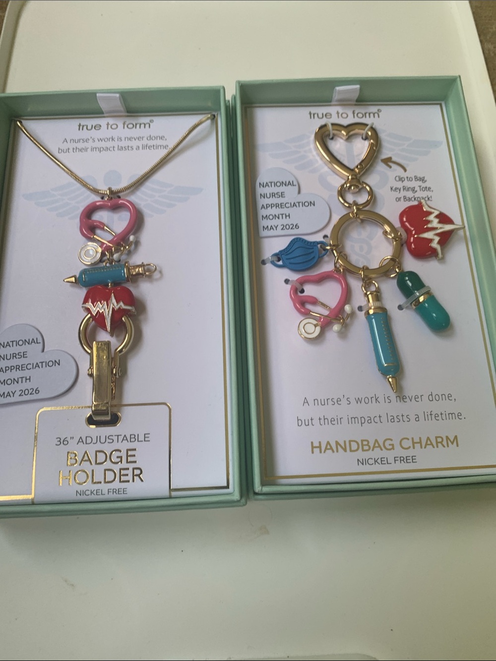 New True to Form Nurse or doctor Badge Holder & key chain/Handbag Charm Set.